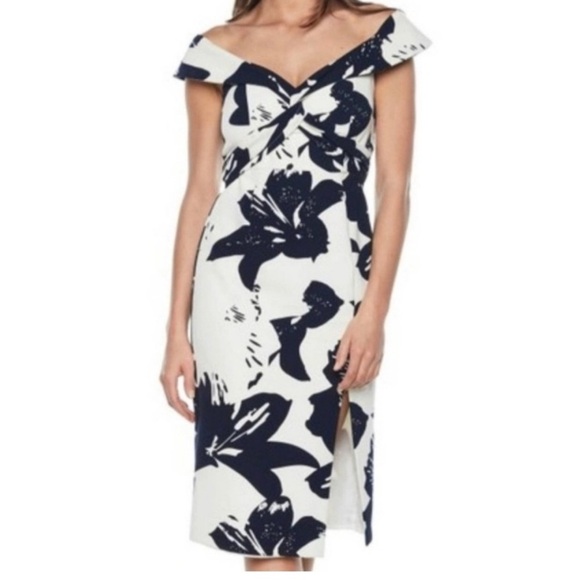 BARDOT‎ White Off The Shoulder Dress Size 8 Floral Wrap Bust Pencil Lined Formal - Picture 1 of 9